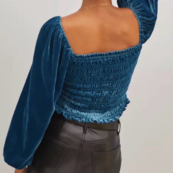 Anthropologie Blue Puff Sleeved Velvet Long Sleeve Blouse size Medium - Picture 3 of 10